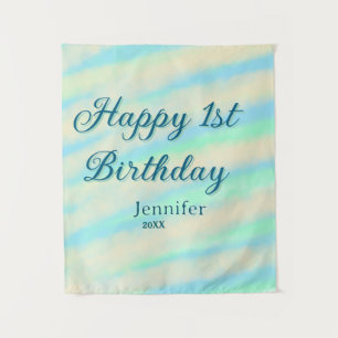 Happy 1st birthday kids baby blue green pastel ret tapestry