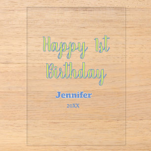 Happy 1st birthday kids baby green blue pastel tre acrylic invitations