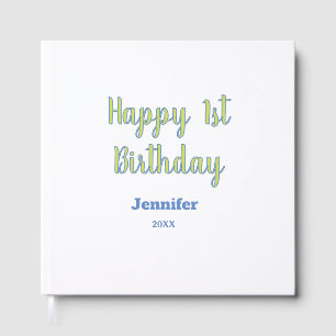 Happy 1st birthday kids baby green blue pastel tre guest book