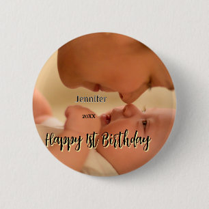 Happy 1st birthday kids baby mother black yellow 6 cm round badge
