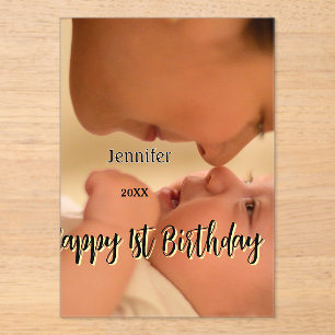 Happy 1st birthday kids baby mother black yellow acrylic invitations