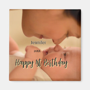 Happy 1st birthday kids baby mother black yellow  magnet
