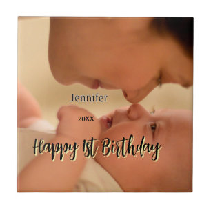 Happy 1st birthday kids baby mother black yellow tile