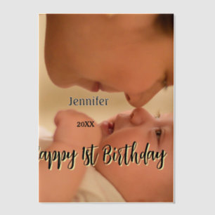 Happy 1st birthday kids baby mother black yellow  vellum invitations
