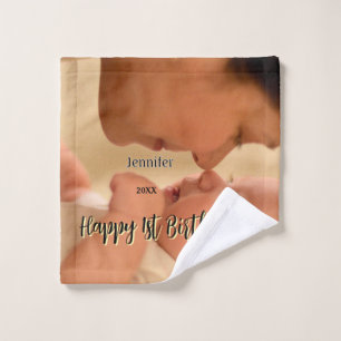 Happy 1st birthday kids baby mother black yellow  wash cloth