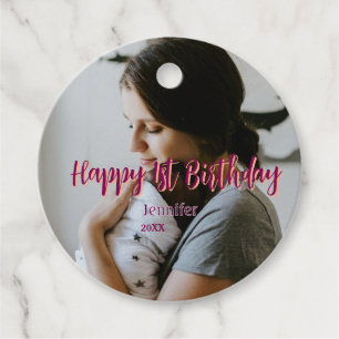 Happy 1st birthday kids baby mother red orange sty favour tags