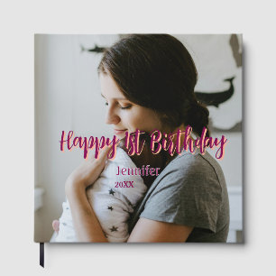 Happy 1st birthday kids baby mother red orange sty guest book