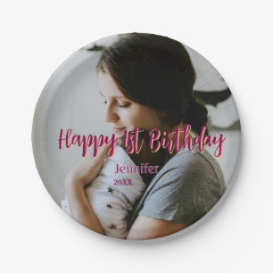 Happy 1st birthday kids baby mother red orange sty paper plate