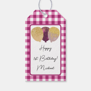 Happy 1st Birthday & Magenta Gingham & Balloons Gift Tags