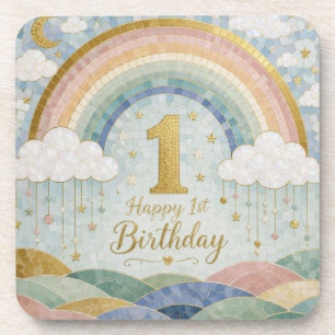 Happy 1st Birthday Mosaic Rainbow Cloud Design Coaster