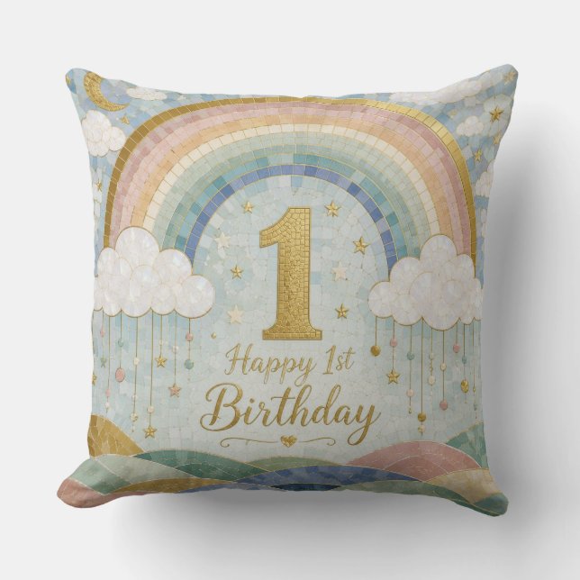 Happy 1st Birthday Mosaic Rainbow Cloud Design Cushion (Front)