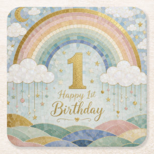Happy 1st Birthday Mosaic Rainbow Cloud Design Square Paper Coaster
