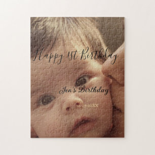Happy 1st birthday name photo date stylish calligr jigsaw puzzle