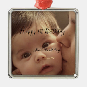 Happy 1st birthday name photo date stylish calligr metal tree decoration