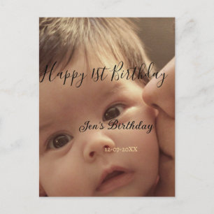 Happy 1st birthday name photo date stylish calligr postcard