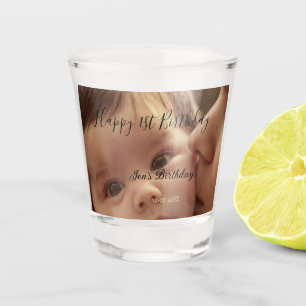 Happy 1st birthday name photo date stylish calligr shot glass