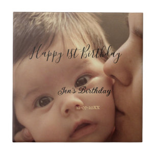 Happy 1st birthday name photo date stylish calligr tile