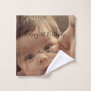Happy 1st birthday name photo date stylish calligr wash cloth