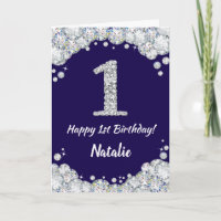 Happy 1st Birthday Navy Blue and Silver Glitter