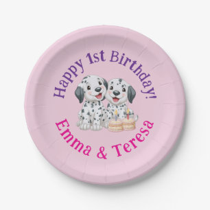 Happy 1st Birthday Party Twin Girls, Puppies Paper Plate