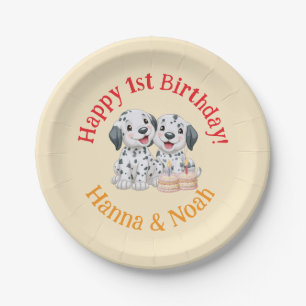 Happy 1st Birthday Party Twins, Neutral, Puppies Paper Plate
