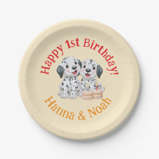Happy 1st Birthday Party Twins, Neutral, Puppies Paper Plate