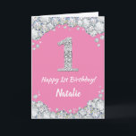 Happy 1st Birthday Pink and Silver Glitter Card<br><div class="desc">Happy 1st Birthday Pink and Silver Glitter Card with personalised name. For further customisation,  please click the "Customise it" button and use our design tool to modify this template.</div>