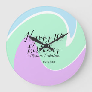Happy 1st birthday pink green blue acrylic pour large clock