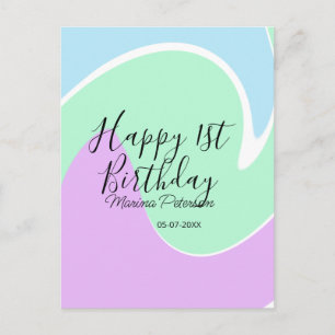 Happy 1st birthday pink green blue acrylic pour postcard