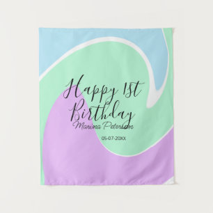 Happy 1st birthday pink green blue acrylic pour tapestry