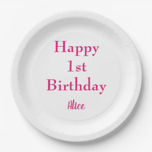 Happy 1st Birthday Pink White Custom Name Girly Paper Plate