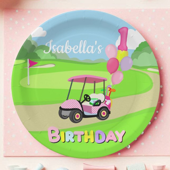 Happy 1st Birthday Polka Dot Pink Girly Golf  Paper Plate (Creator Uploaded)