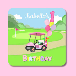 Happy 1st Birthday Polka Dot Pink Girly Golf  Square Sticker