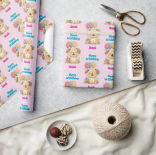 Happy 1st Birthday, Puppy, Girl, Personalised Wrapping Paper