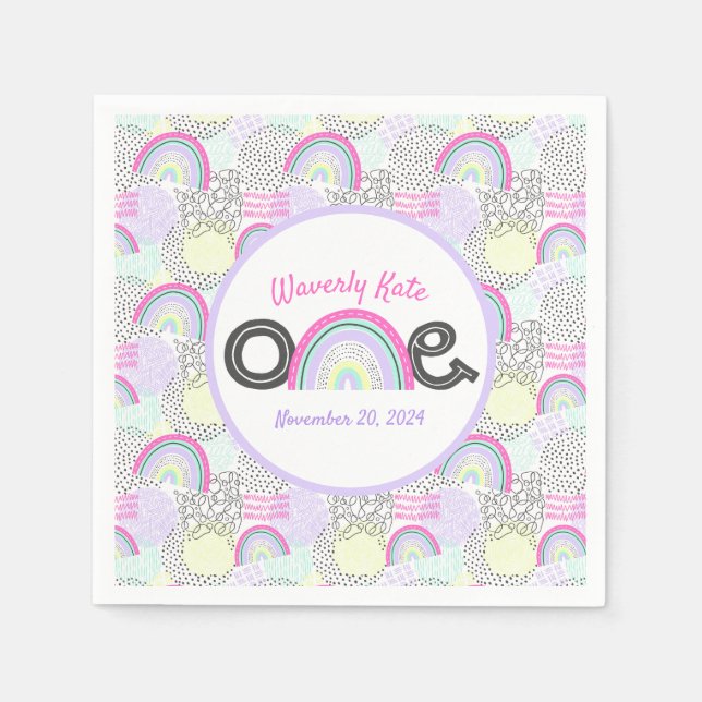 Happy 1st Birthday Rainbow 90's Baby Girl's Party Napkin (Front)