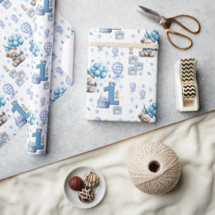 Happy 1st. Birthday Teddy Bear Blue Wrapping Paper