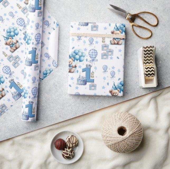 Happy 1st. Birthday Teddy Bear Blue Wrapping Paper (Crafts)