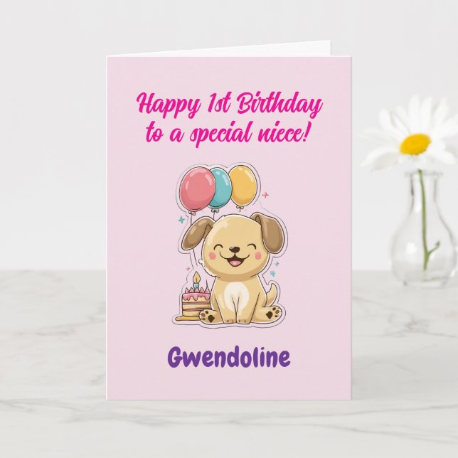Happy 1st Birthday to a Special Niece, Happy Puppy Card (Small Plant)