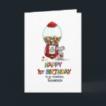 Happy 1st Birthday to my wonderful Grandson Card<br><div class="desc">Happy 1st Birthday to my wonderful Grandson. Artist's Notes: This humourous Design shows a gumball machine with a lot of gumballs in it. There is a little shy mouse in front of the machine holding a gumball in his hand. A cute way to wish or send sweet and colourful Birthday...</div>