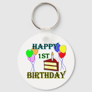 Happy 1st Birthday with Cake, Balloons and Candle Key Ring