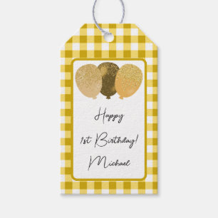 Happy 1st Birthday & Yellow Gingham & Balloons Gift Tags