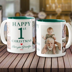 Happy 1st Christmas Love You Grandpa 5 Photo Green Two-Tone Coffee Mug