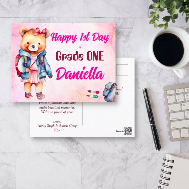 Happy 1st day of school cute teddy bear with a bag postcard (Happy st day of grade one greeting postcards cute girl teddy bear in a jacket hello grade one card)