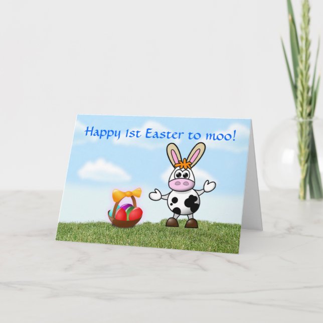 Happy 1st Easter with cow baby's first easter Holiday Card (Front)