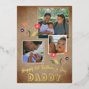 Happy 1st Father`s Day Daddy Flower 3 Photo Gold