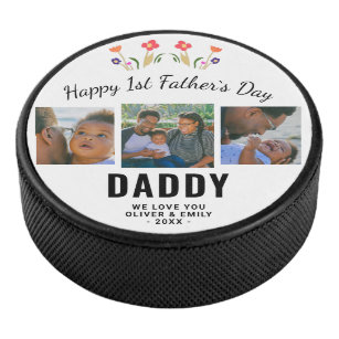 Happy 1st Father`s Day Daddy Keepsake 3 Photo Hockey Puck