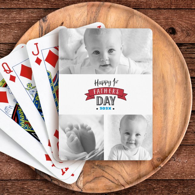 Happy 1st Father’s Day Red 3 Photo Collage Modern  Playing Cards (Creator Uploaded)