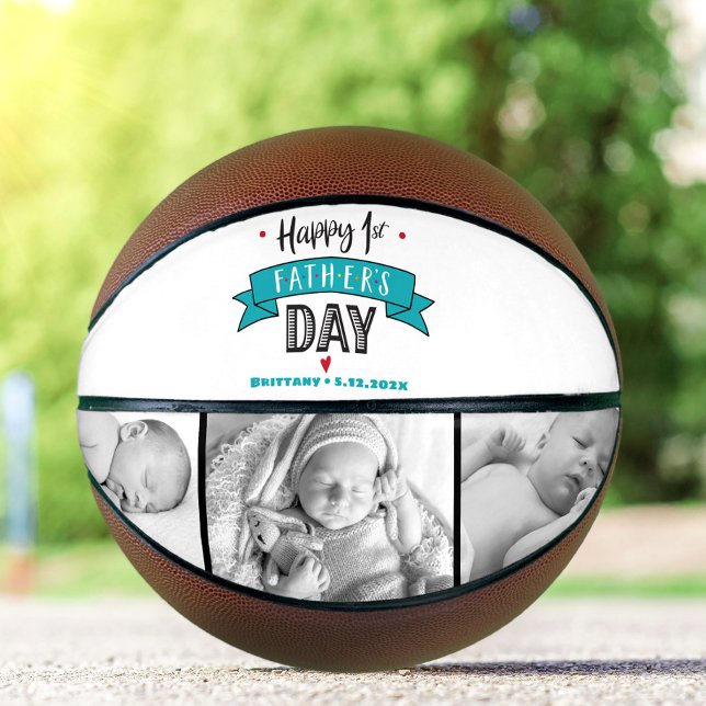 Happy 1st Father’s Day Turquoise Banner Typography Basketball (Creator Uploaded)