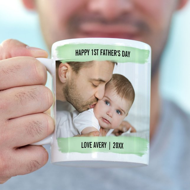 Happy 1st Fathers Day 2 Photo Green Brushstroke Coffee Mug (Creator Uploaded)