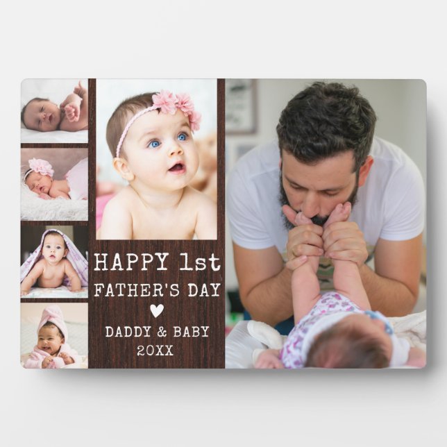 Happy 1st Father's Day 6 Photo Collage Rustic Wood Plaque (Front)